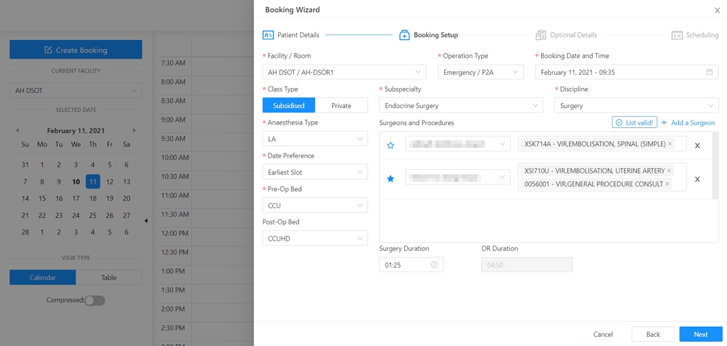 Booking Wizard that allows users to schedule operations